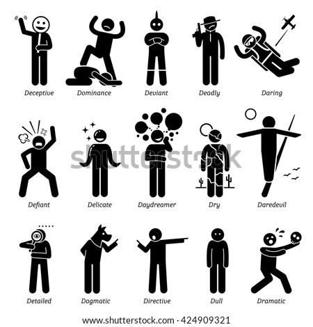 Neutral Personalities Character Traits. Stick Figures Man Icons. Starting with the Alphabet D.