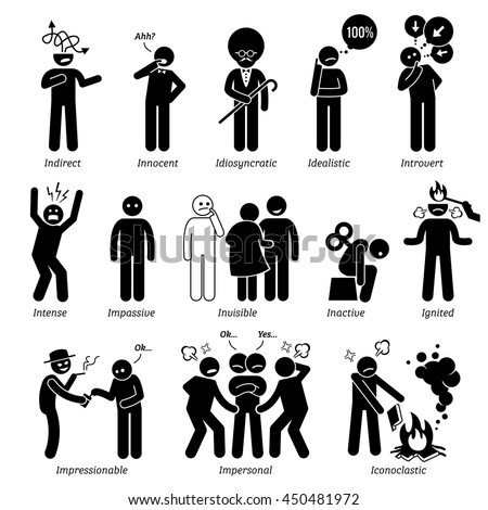 Neutral Personalities Character Traits. Stick Figures Man Icons. Starting with the Alphabet I.