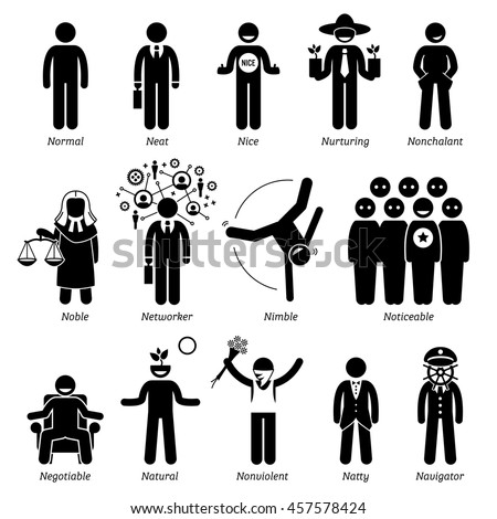 Positive Personalities Character Traits. Stick Figures Man Icons. Starting with the Alphabet N.