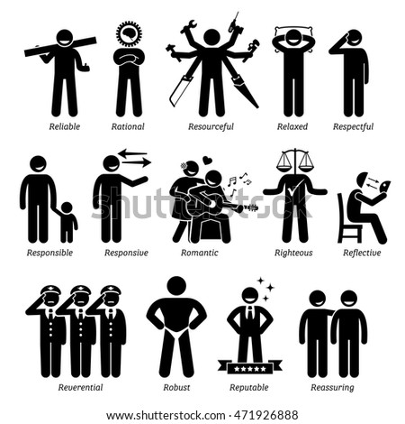 Positive Personalities Character Traits. Stick Figures Man Icons. Starting with the Alphabet R. Foto stock © 