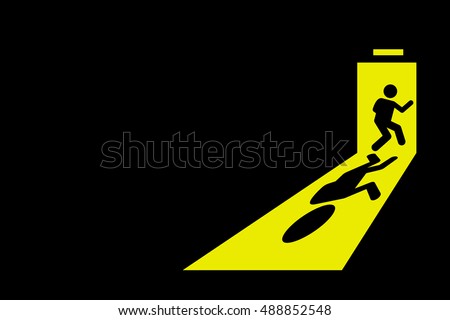 Person leaving dark room to go outside through exit door with bright yellow light casting strong shadow on the floor. Vector artwork depict concept of escape, getaway, runaway, getting out, and quit.