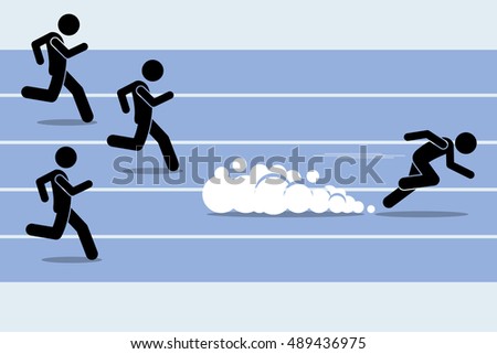 Fast runner sprinter overtaking everybody in a race track field event. Vector artwork depict winner, fastest, champion, and dominance.