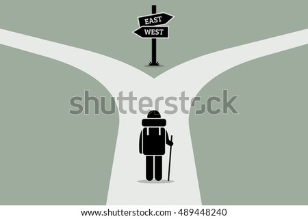 Explorer reaching a split road trying to make decision on where to go next. Road sign showing different directions. Vector artwork depicts junction of life, decision making, and uncertain future.