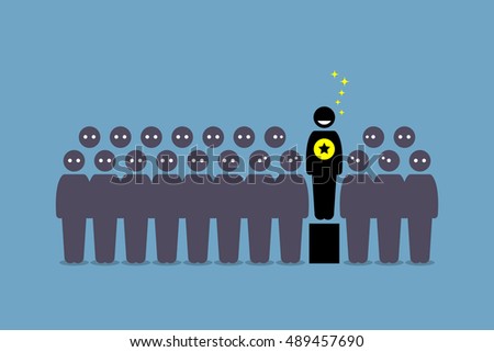 Standing out from the crowd. Vector artwork depicts a person that is special, outstanding, superior, leader, and popular among a group of people. 