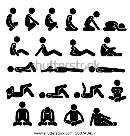 Various Squatting Sitting Lying Down on the Floor Postures Positions Human Man People Stick Figure Stickman Pictogram Icons ストックフォト © 