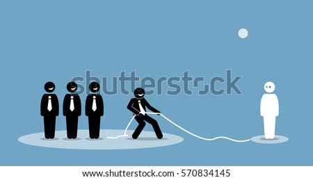 Businessman pulling connection and talent to join his company team. Vector artwork depicts headhunting, recruitment, talent search, picking partners, and joint venture.