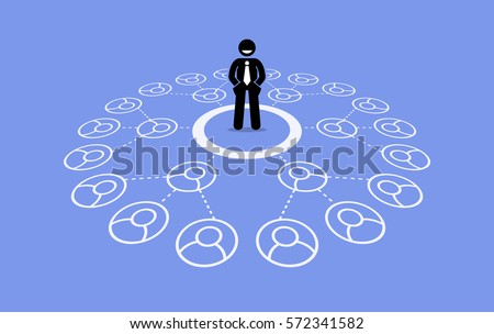 Multilevel marketing. Vector artwork depicts business network, downline, referral connection, and pyramid scheme.