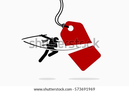 Ninja cuts and slash a price tag into half. Vector artwork depicts sales, promotion, discount, offer, and shopping. 