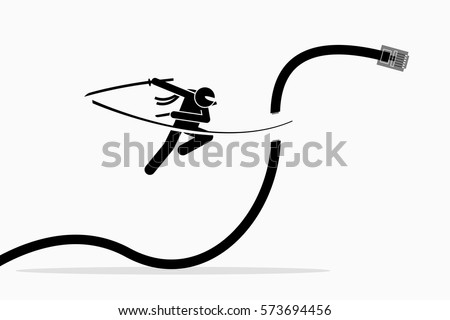 Ninja cuts telephone cable. Vector artwork depicts the concept of wireless connection.