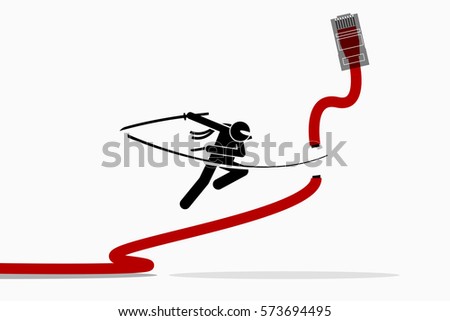 Ninja cuts Ethernet LAN network cable. Vector artwork depicts the concept of wireless Internet connection.