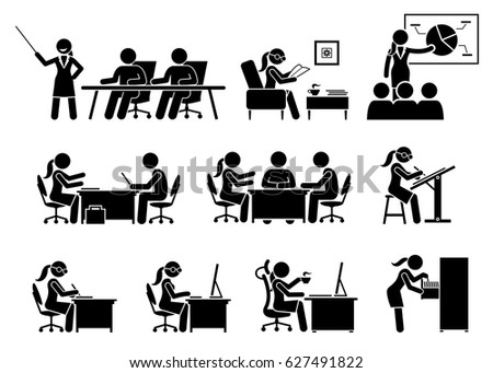 Businesswoman Working in an Office. Artworks depict business woman works by doing presentation, reading, making business proposal, discussion, writing, and using computer. 