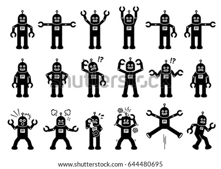Robot Cartoon Characters in Various Poses, Actions, and Emotions. Cliparts depict the robot standing, moving, smiling, sad, crying, angry, and some other feelings. 