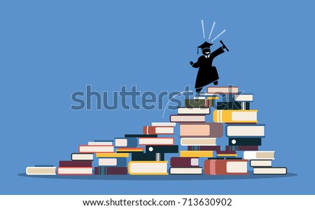 Happy graduating student climbing to the top of book piles. Vector artwork depicts the process and step by step of achieving wisdom, knowledge, success, education, rewards, and hard works. 商業照片 © 