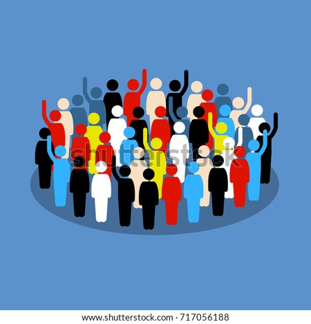 People in the crowd raising hand to show support and vote. Vector artwork depicts society, ethnics, democracy, and public voting. 