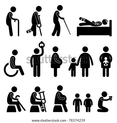 old man patient blind disable handicap pregnant woman children baby poor begger people in need priority icon symbol sign pictogram