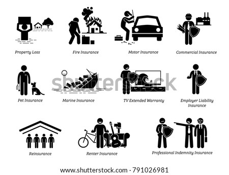 General Insurance Protection. Stick figures depicts general insurance for property loss, fire, motor, commercial, pet, marine, TV, employer liability, reinsurance, renter, and professional indemnity. 
