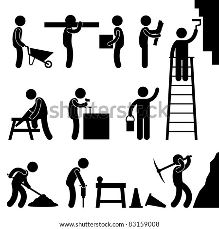 Man People Working Construction Carrying Building Industry Painting Sawing Hard Labor Pictogram Icon Symbol Sign