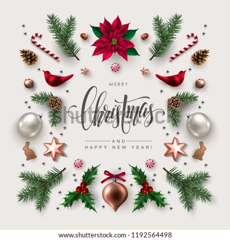 Christmas greeting card with Calligraphic Season Wishes and Composition of Festive Elements such as Cookies, Candies, Berries, Christmas Tree Decorations, Pine Branches. Stock foto © 