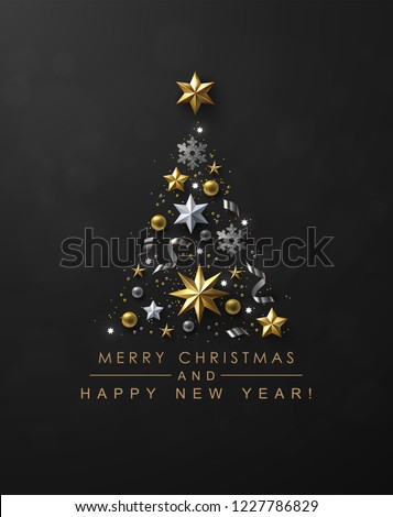 Christmas Tree made of Cutout Gold Foil and White Paper Stars, Silver Glitter Snowflakes and Beads on Black Background. Chic Christmas Greeting Card.
