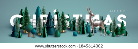 Christmas banner. Xmas Horizontal composition made of green wooden and glass Christmas trees and silver reindeer. Christmas poster, greeting cards, header or profile cover.