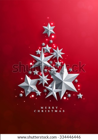 Christmas and New Years red background with Christmas Tree made of cutout paper stars.