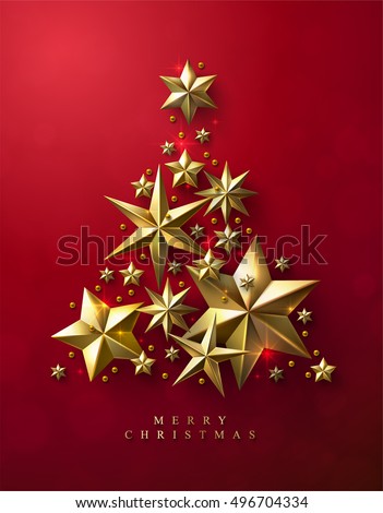 Christmas Tree made of Cutout Gold Foil Stars on Red Background. Chic Christmas Greeting Card.