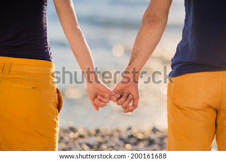 Happy couple holding hands in the sunset