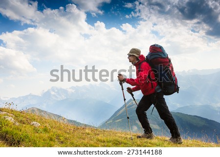 Active men in hike. Caucasus mountains