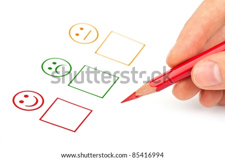 female hand with red pencil choosing positive or negative. customer satisfaction