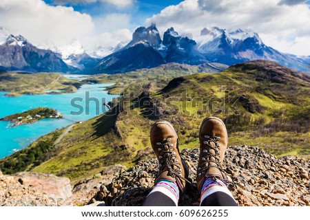 Similar – Image, Stock Photo Female relaxing on cliff and admiring picturesque view