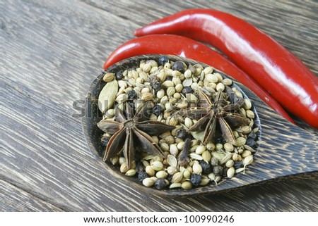 Fresh Herbs and Spices in wood background with scoop and chillies