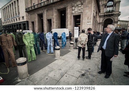 MILAN, ITALY - APRIL 23: art installation by Gianfranco Angelico Benvenuto in Milan on April, 23 2012. Installation \'100 Sogni morti sul lavoro\' exposed in honor of dead on work in Milan Piazza Duomo