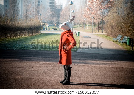 rabbit mask woman red coat winter desolate landscape