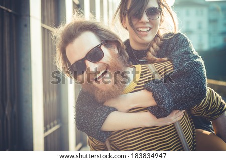 Similar – Image, Stock Photo Hipster couple in love standing in field