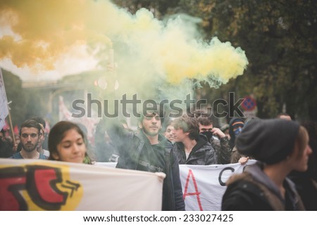 MILAN, ITALY - NOVEMBER 14: Student demonstration held in Milan November 14, 2014. Students took streets to protest against Milan expo to be held in 2015, event important worldwide.