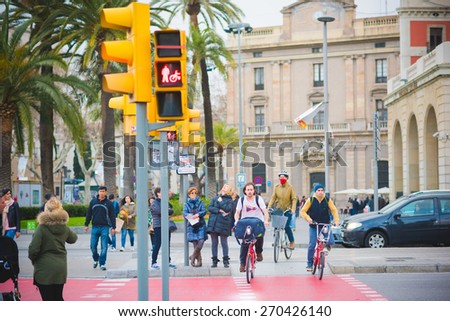 BARCELONA, SPAIN - MARCH 21: streets of Barcelona on March 21, 2015. Barcelona is the capital city of Catalonia in Spain and the country\'s second largest city, with a population of 1.6 million