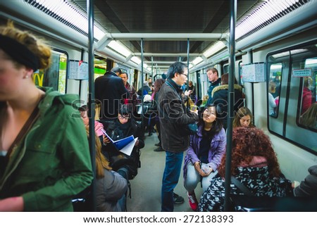 BARCELONA, SPAIN - MARCH 21: Interior of metro station in March, 21 2015. Barcelona metro is an extensive network of rapid transit electrified railway lines that run mostly underground