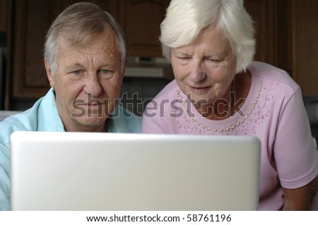 Senior romantic couple uses computer and the Internet to do some e-banking from their rural home.