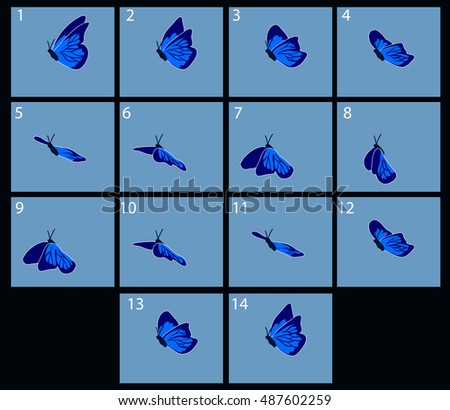 Animation of flight blue butterfly. Cartoon explosion frames