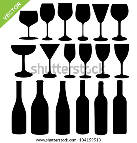 Set of wine bottles and glass silhouette vector