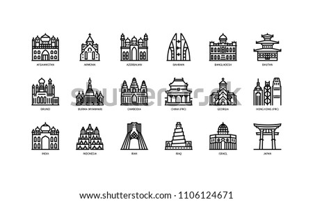 Asian cities landmarks icons set 1