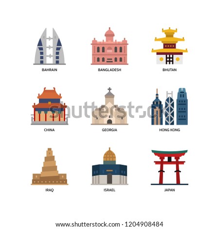 Asian cities and counties landmarks icons set 2