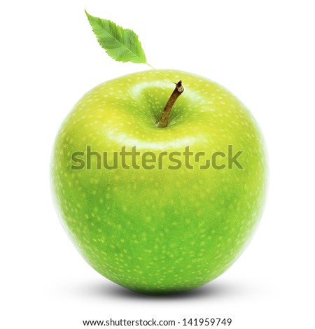 Fine green apple with a small leaf isolated on white background