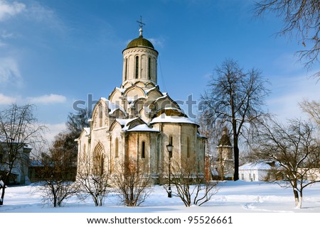 Winter view og Spasskiy cathedral 14 the century in Andronikov Monastery of the Saviour. The great medieval painter Andrei Rublev spent the last years of his life at the monastery and was buried there