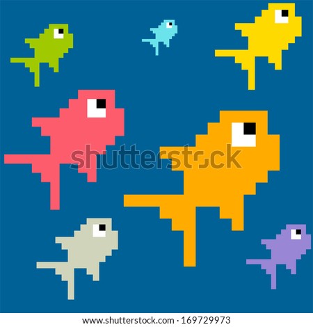 8-Bit Pixel Art Multicolored Fish, Seamless Background Tile