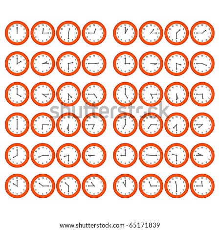 Red Cartoon Clocks Showing Twelve Hours at Fifteen-Minute Intervals (Vector)