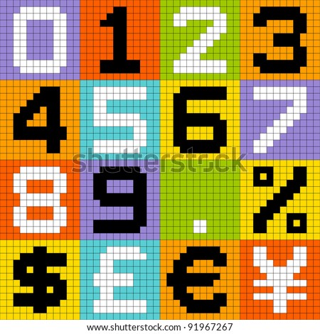 8-bit Pixel Numbers 0-9 and Currencies