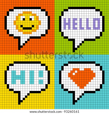 8-bit Pixel Social Networking Speech Bubbles: Smiley, Hello, Hi, Love
