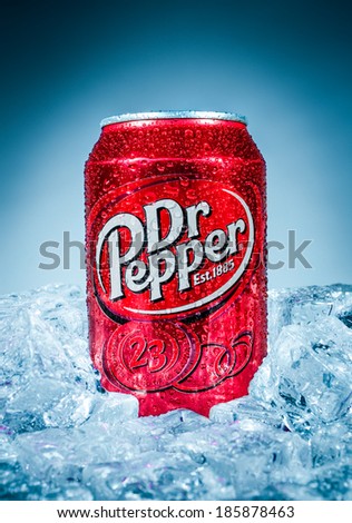 MOSCOW, RUSSIA-APRIL 4, 2014: Can of Dr Pepper soft drink on ice. Dr Pepper is a soft drink marketed as having a unique flavor. The drink was created in the 1880s.