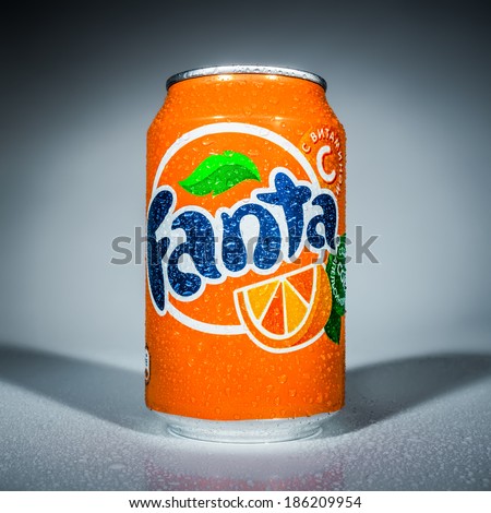 MOSCOW, RUSSIA-APRIL 4, 2014: Can of Coca Cola company soft drink Fanta Orange. Fanta is a global brand of fruit-flavored carbonated soft drinks created by The Coca-Cola Company.